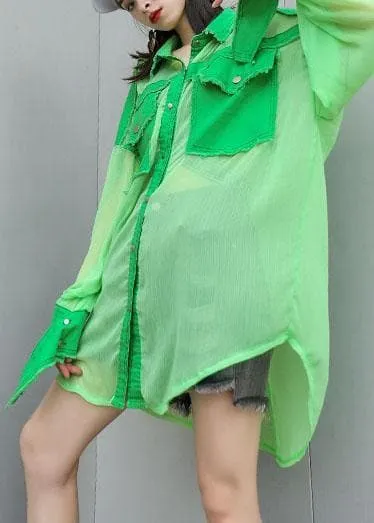 Art green chiffon patchwork tops women blouses big pockets tunic summer blouses