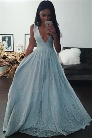 Baby Blue V-neck Beading Lace Formal Evening Dresses Beautiful Sleeveless Prom Party Gowns