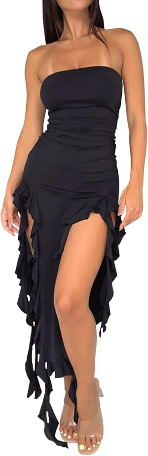 Balimtoy Women's Y2k Ruffle Dress Strapless Split Thigh Ruched Bodycon Midi Tube Dress Formal Summer Party Dress