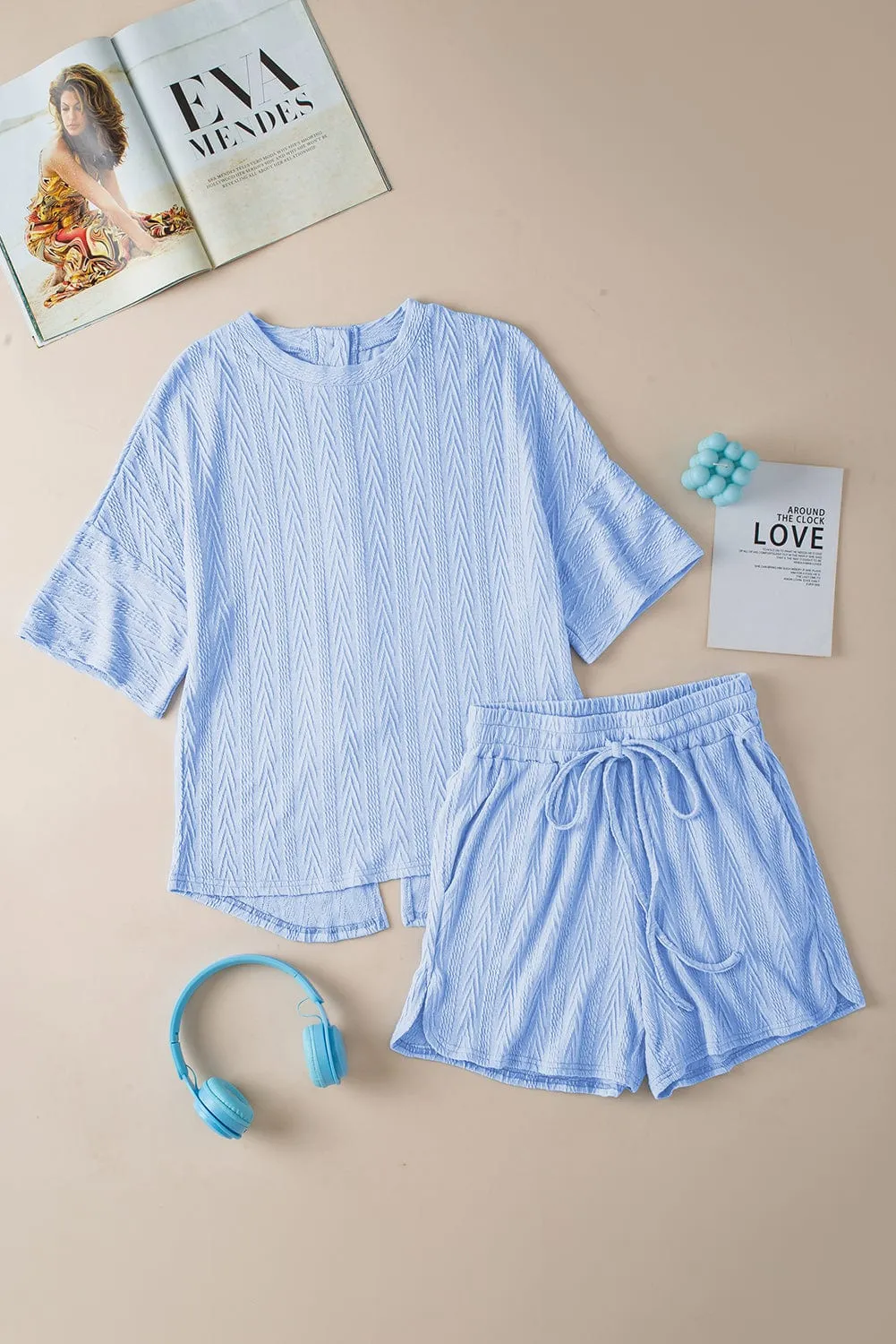 Beau Blue Textured Back Slit Tee & Shorts Ensemble
