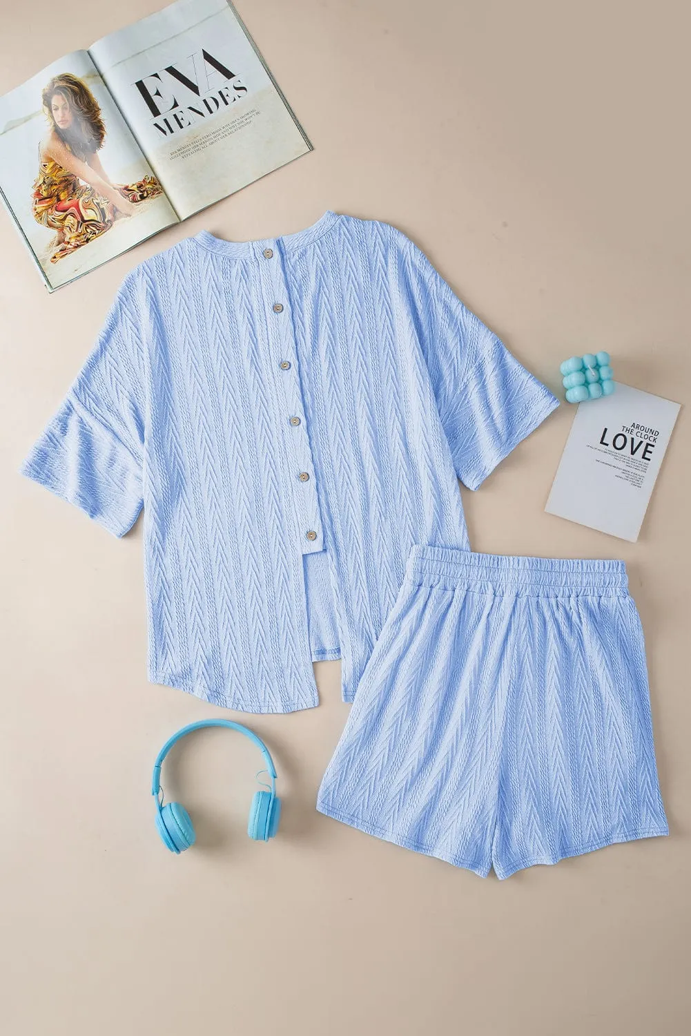Beau Blue Textured Back Slit Tee & Shorts Ensemble