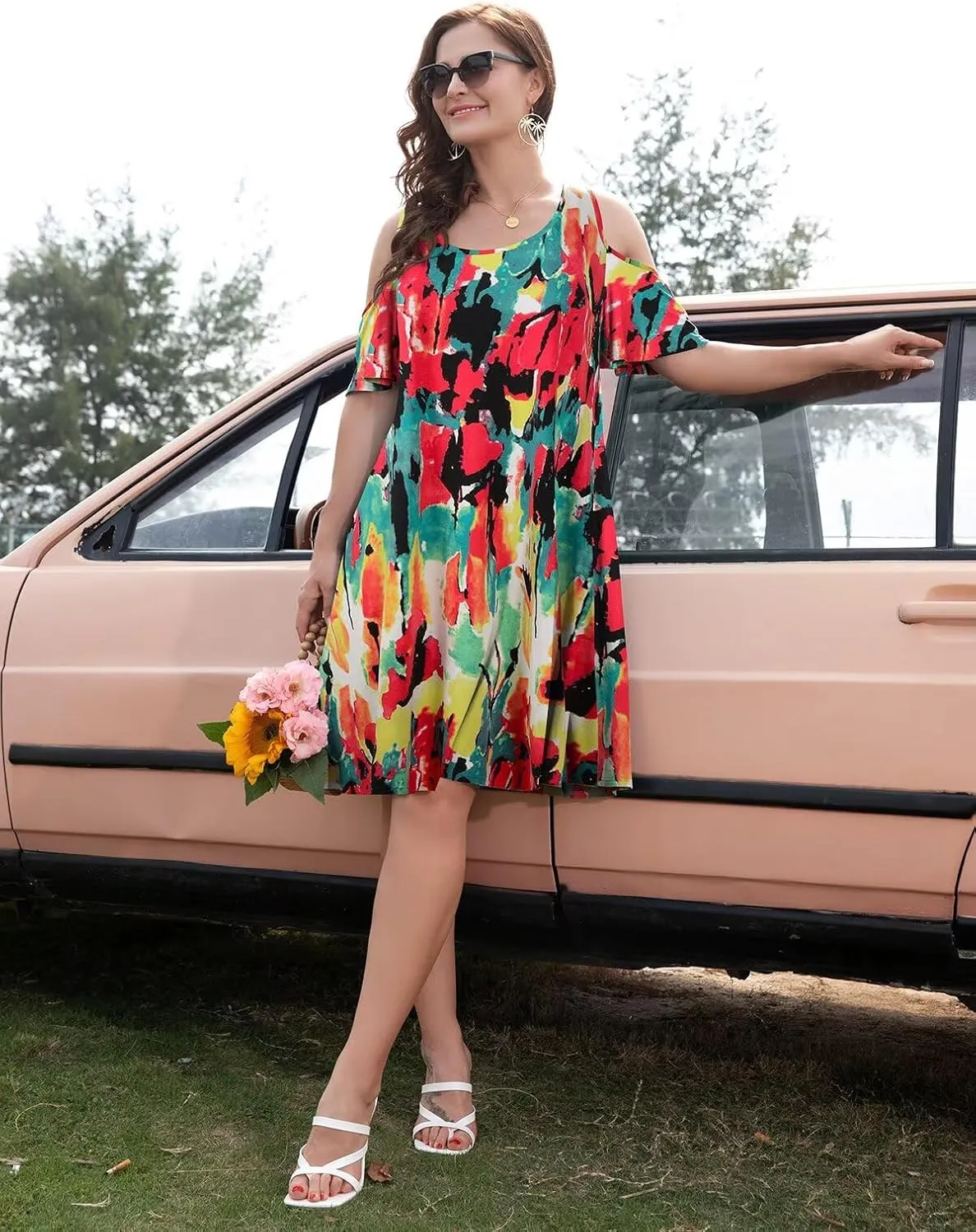 BELAROI Womens Plus Size Dresses Short Sleeve Cold Shoulder Casual T Shirt Swing Dress Summer Beach Sundress