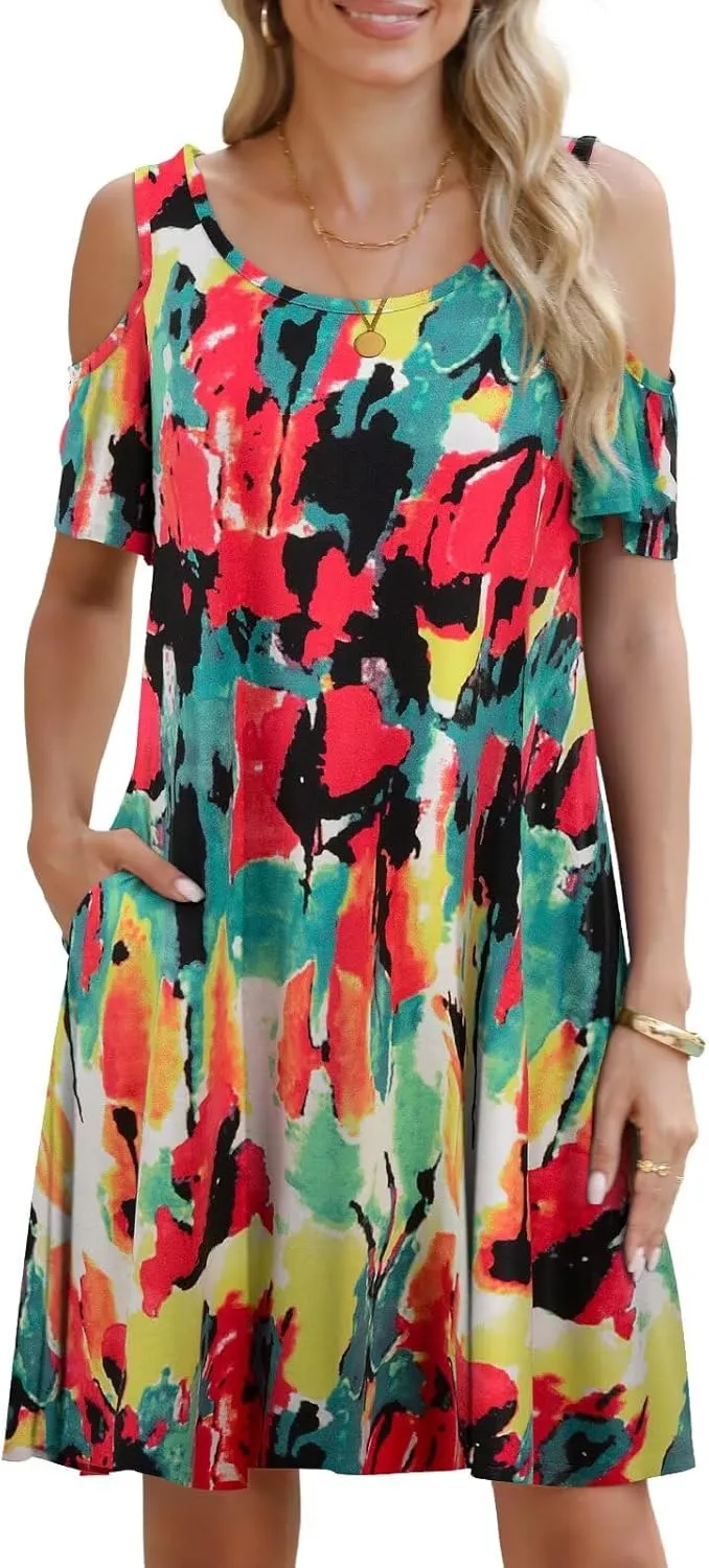 BELAROI Womens Plus Size Dresses Short Sleeve Cold Shoulder Casual T Shirt Swing Dress Summer Beach Sundress