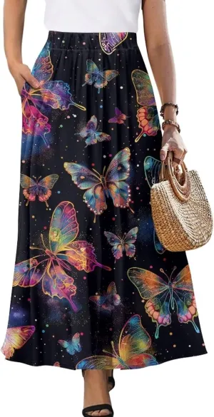 Biyejit Maxi Skirts for Women with Pockets Casual Long Skirt Midi Length Casual Skirt for Beach Party Holiday