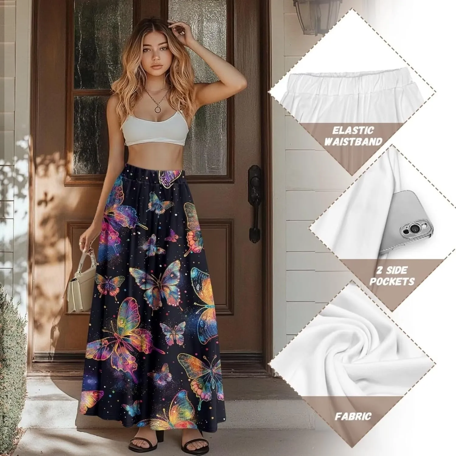 Biyejit Maxi Skirts for Women with Pockets Casual Long Skirt Midi Length Casual Skirt for Beach Party Holiday