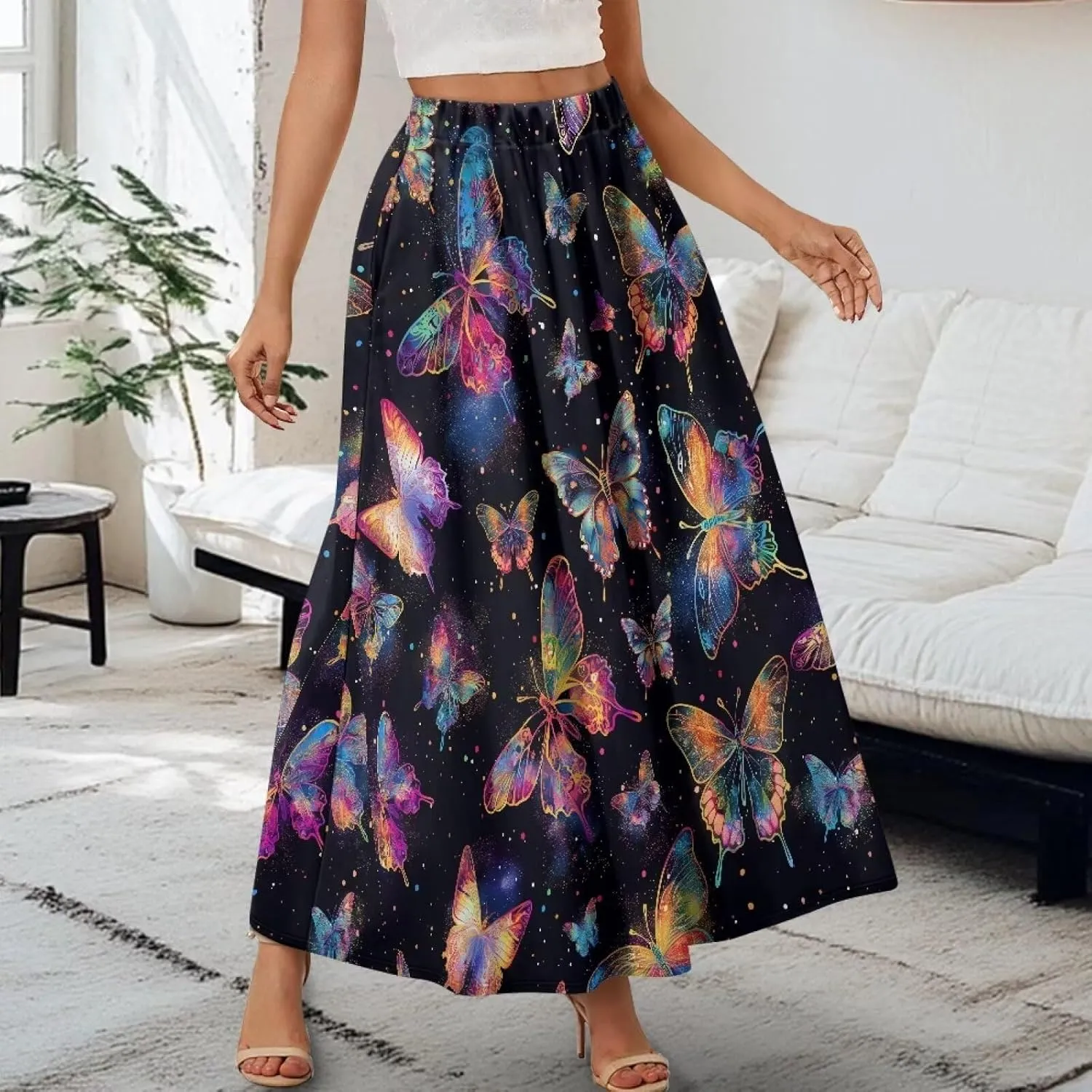 Biyejit Maxi Skirts for Women with Pockets Casual Long Skirt Midi Length Casual Skirt for Beach Party Holiday