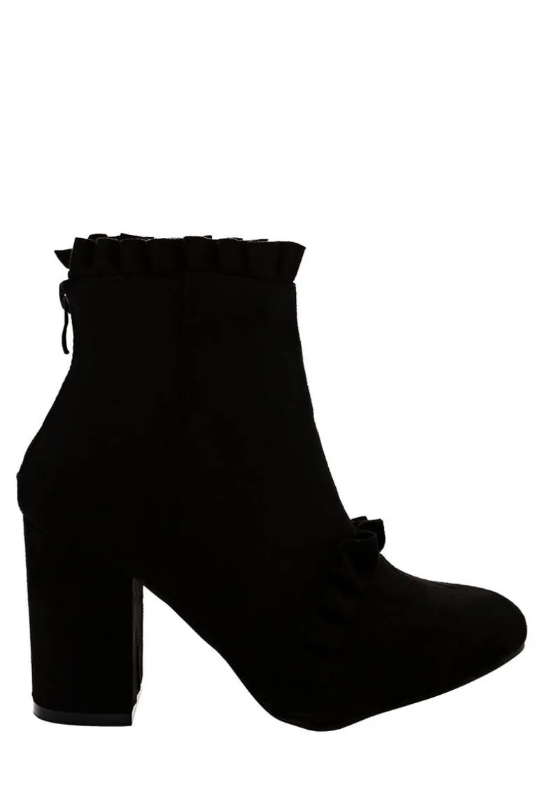 Black Faux Suede Ankle Boots With Ruffle Detail