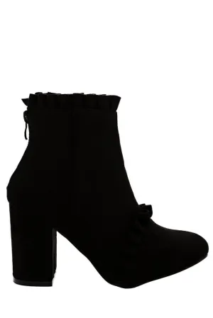 Black Faux Suede Ankle Boots With Ruffle Detail