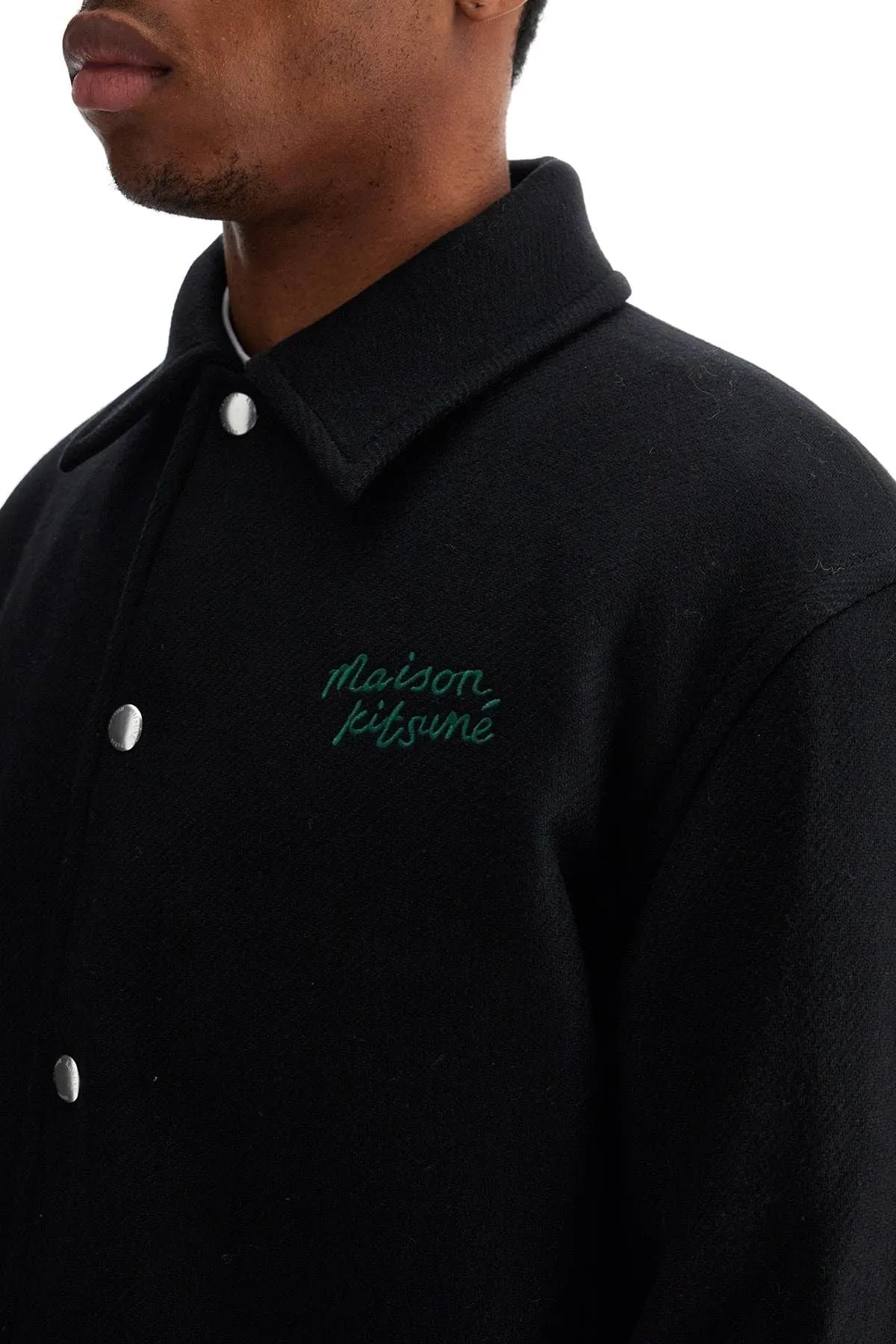 BLACK WOOL VARSITY JACKET WITH EMBROIDERY