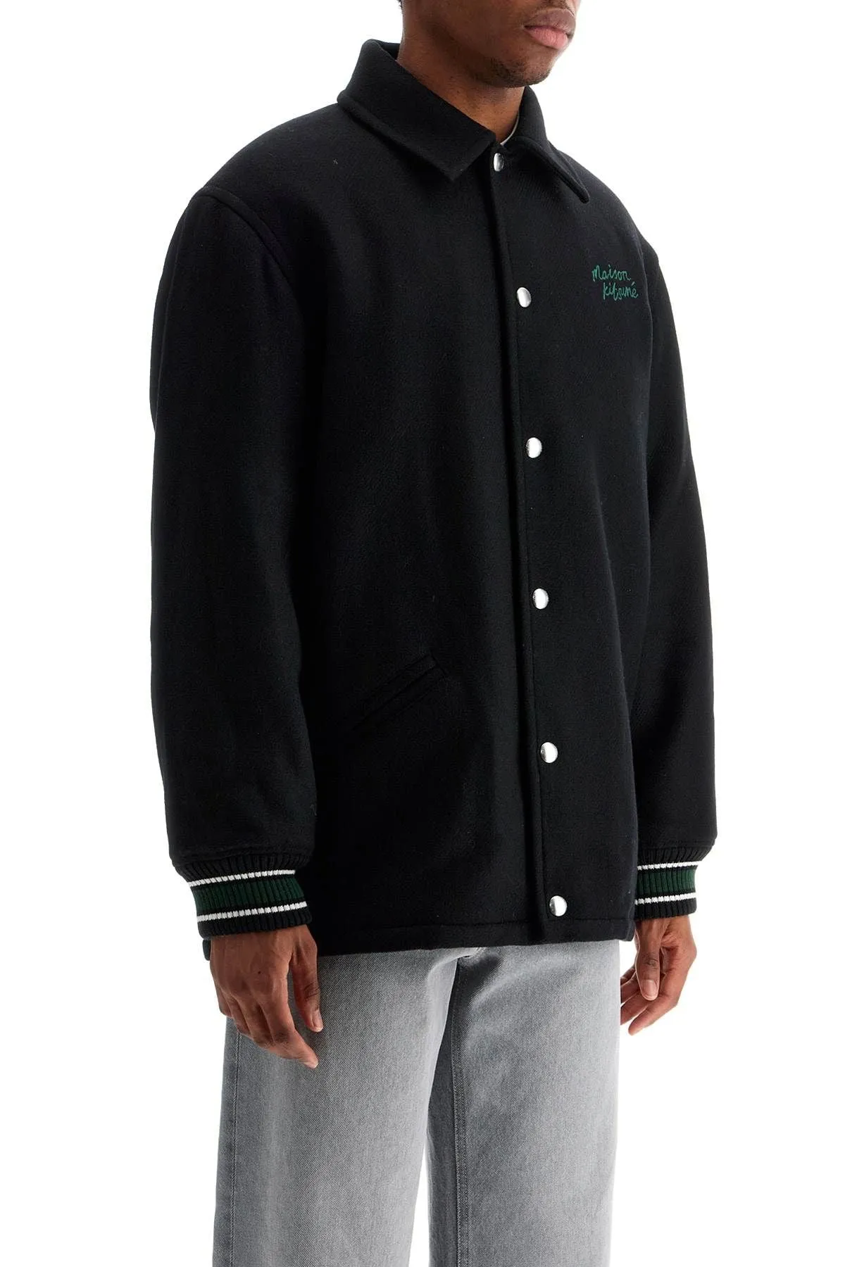 BLACK WOOL VARSITY JACKET WITH EMBROIDERY