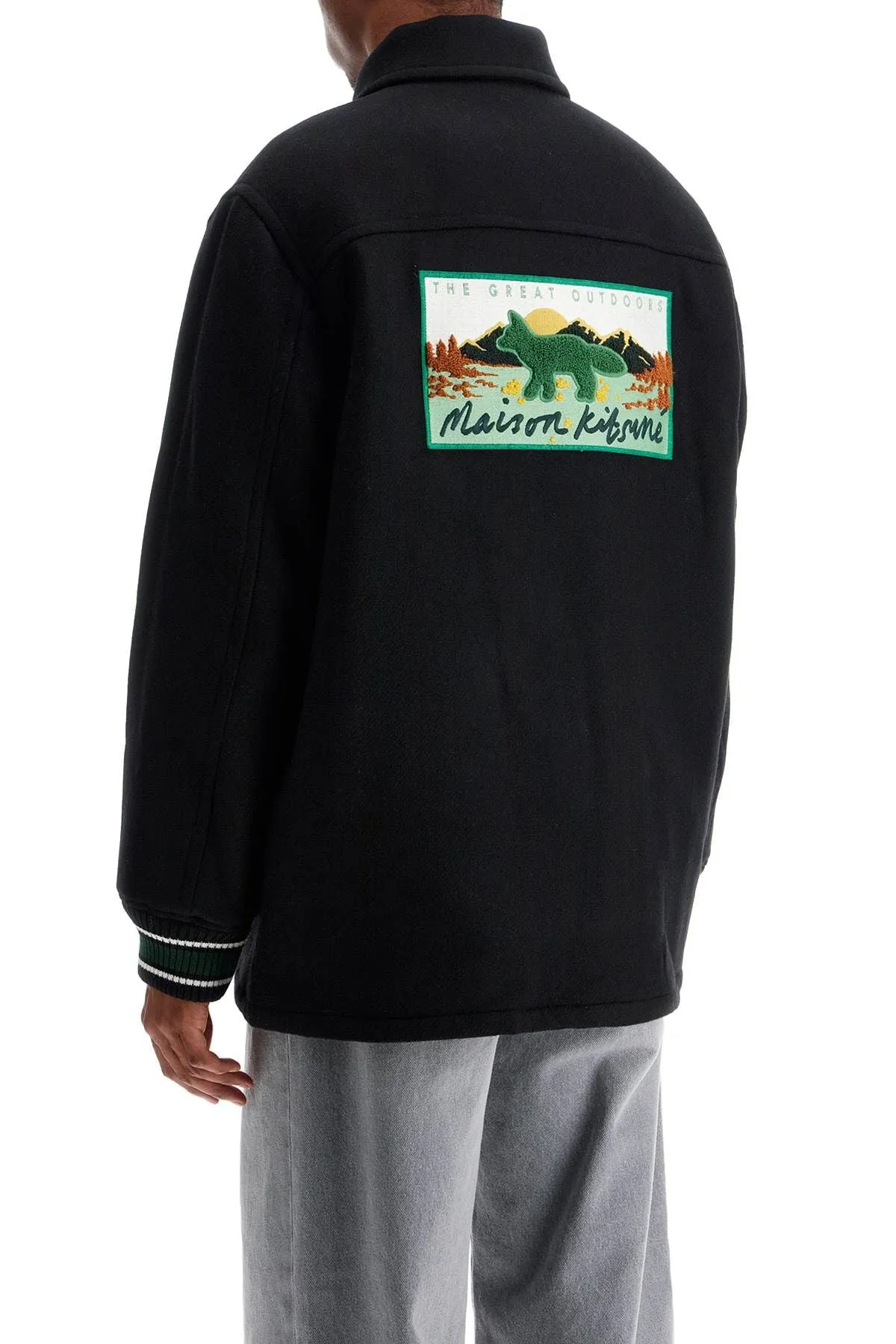 BLACK WOOL VARSITY JACKET WITH EMBROIDERY
