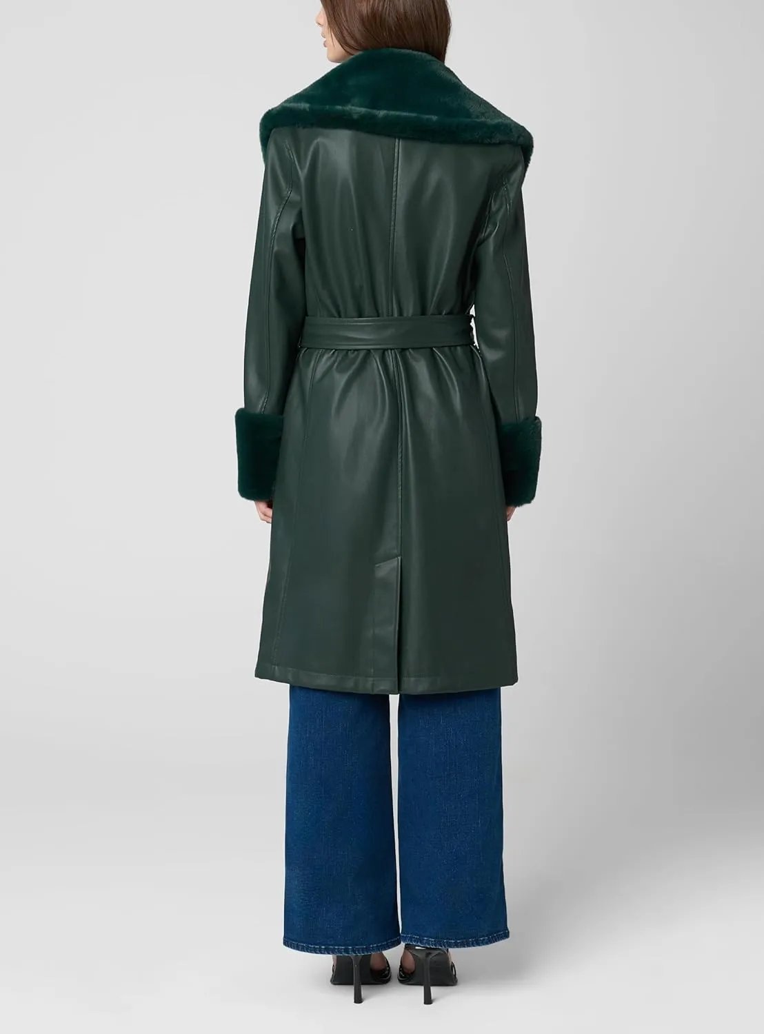 [BLANKNYC] Womens Vegan Leather Trench Coat With Faux Fur Shawl Collar and Cuffs