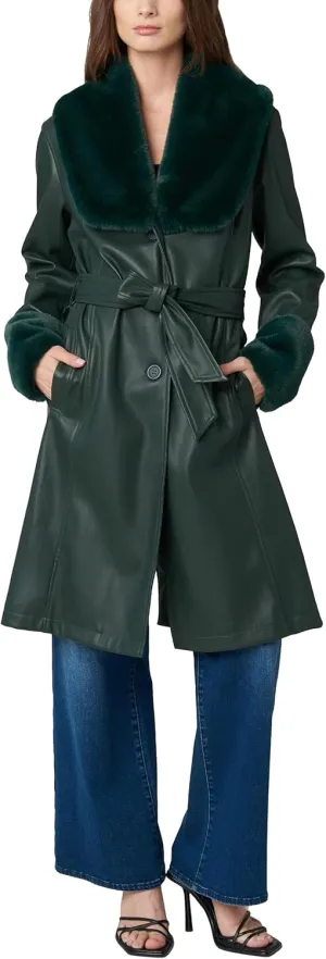 [BLANKNYC] Womens Vegan Leather Trench Coat With Faux Fur Shawl Collar and Cuffs