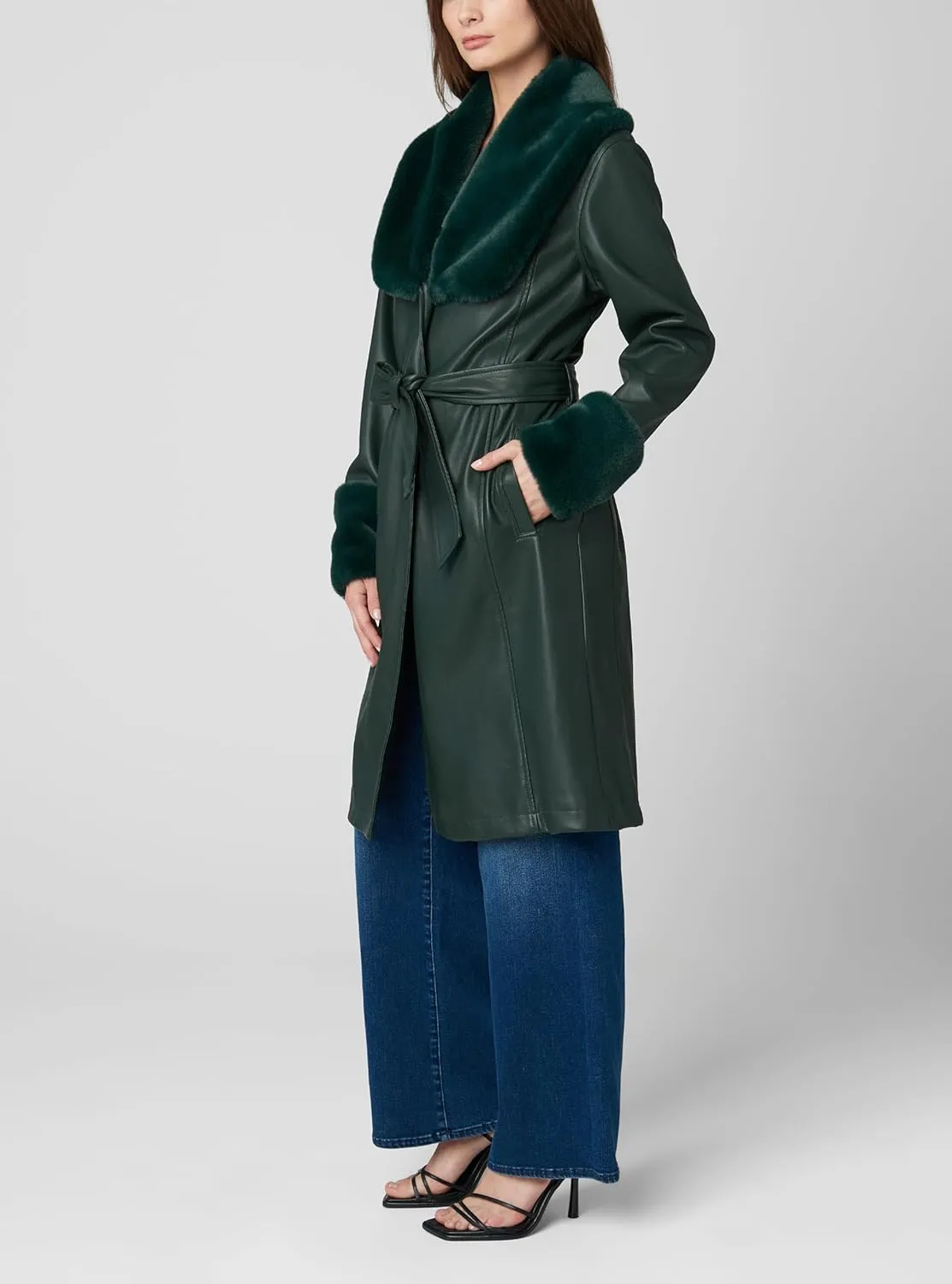 [BLANKNYC] Womens Vegan Leather Trench Coat With Faux Fur Shawl Collar and Cuffs