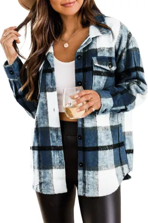 Blue Womens Casual Plaid Shacket Wool Blend Button Down Long Sleeve Shirt Fall Jacket Shackets - AUTOMET