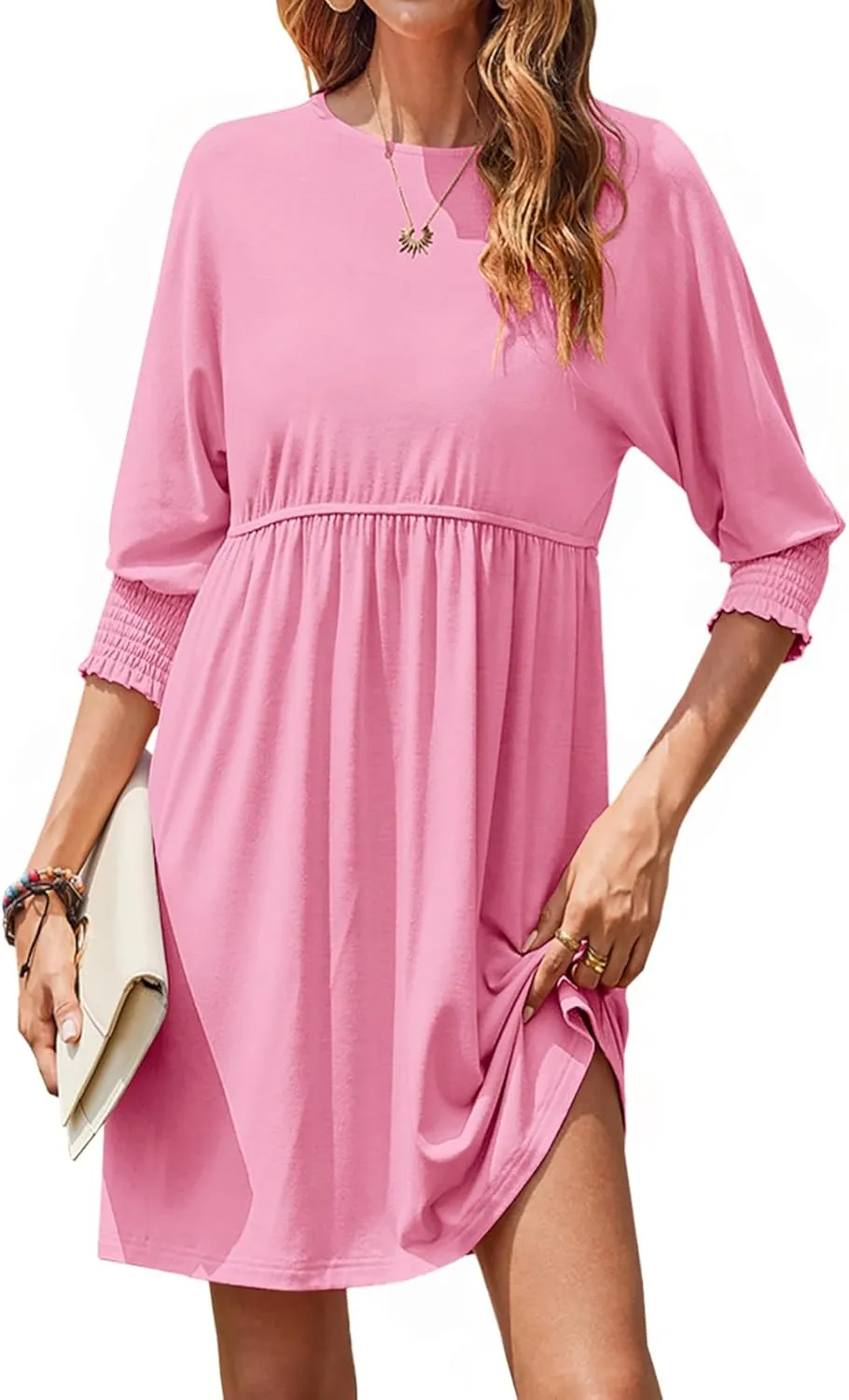 Bluetime Womens Summer Tunic Dress Crew Neck Casual 3/4 Sleeve Short Babydoll Loose Flowy Dresses