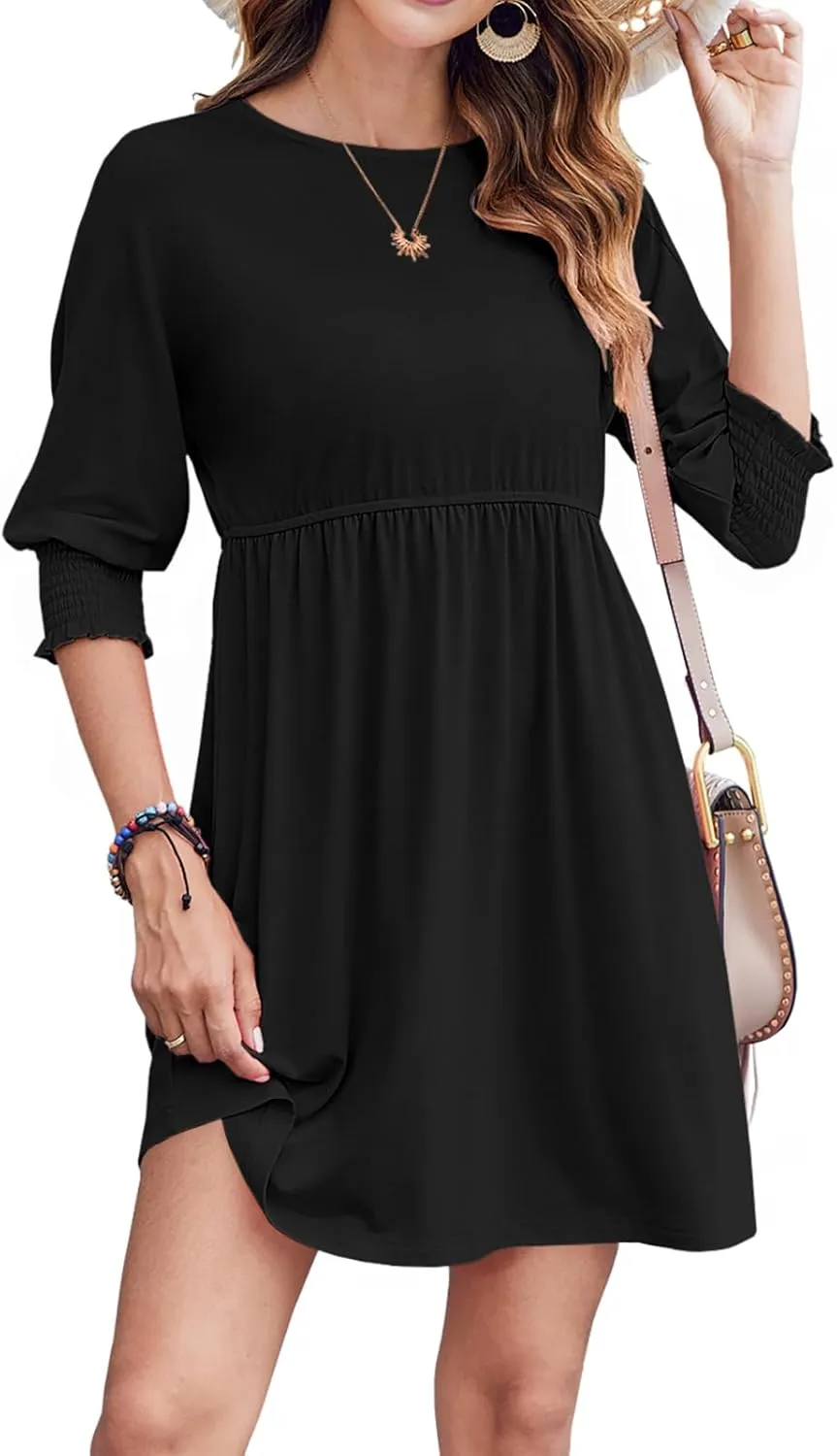Bluetime Womens Summer Tunic Dress Crew Neck Casual 3/4 Sleeve Short Babydoll Loose Flowy Dresses
