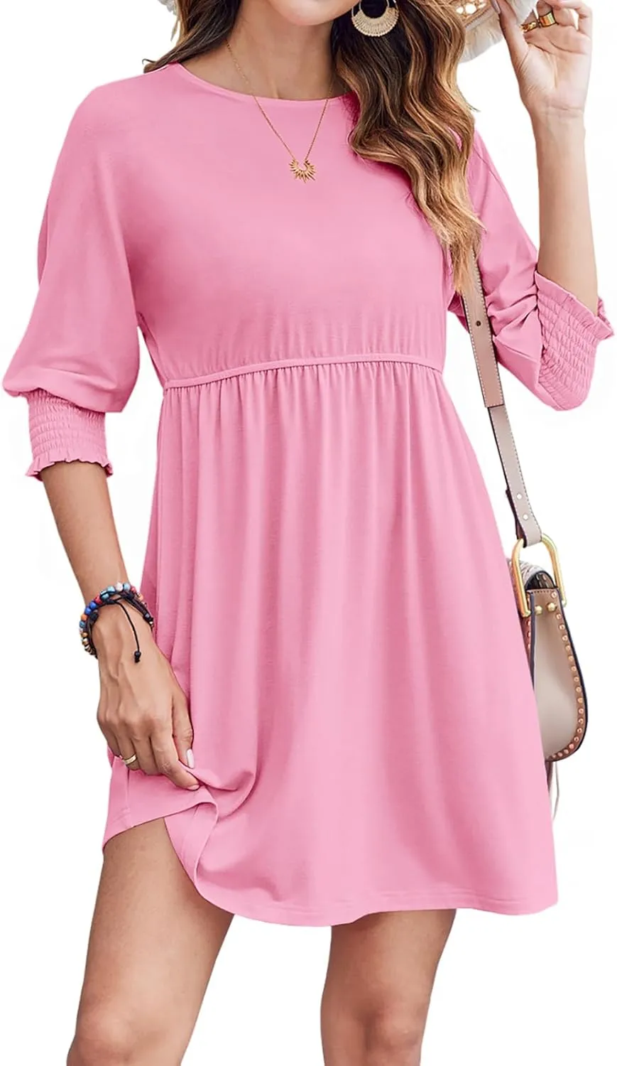 Bluetime Womens Summer Tunic Dress Crew Neck Casual 3/4 Sleeve Short Babydoll Loose Flowy Dresses