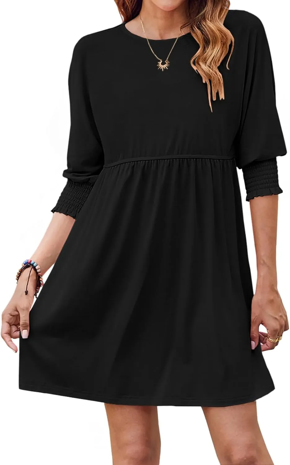 Bluetime Womens Summer Tunic Dress Crew Neck Casual 3/4 Sleeve Short Babydoll Loose Flowy Dresses