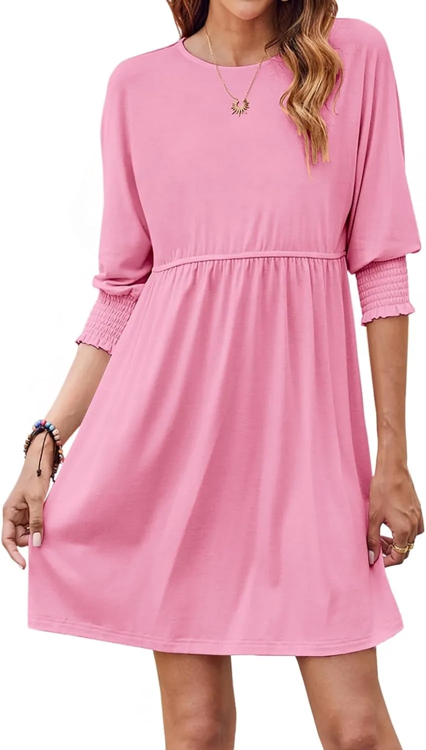 Bluetime Womens Summer Tunic Dress Crew Neck Casual 3/4 Sleeve Short Babydoll Loose Flowy Dresses