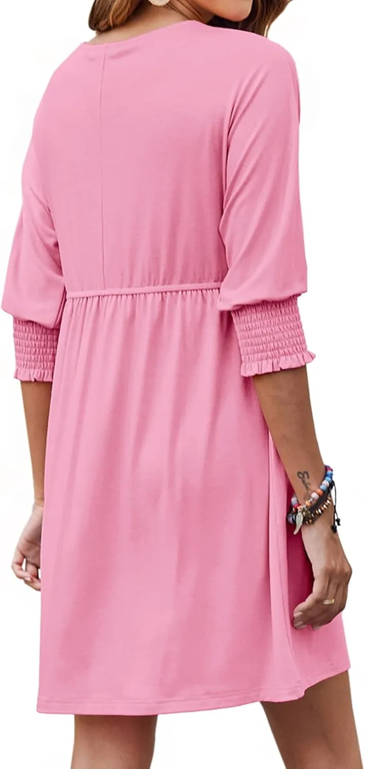 Bluetime Womens Summer Tunic Dress Crew Neck Casual 3/4 Sleeve Short Babydoll Loose Flowy Dresses