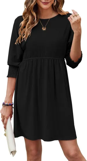 Bluetime Womens Summer Tunic Dress Crew Neck Casual 3/4 Sleeve Short Babydoll Loose Flowy Dresses
