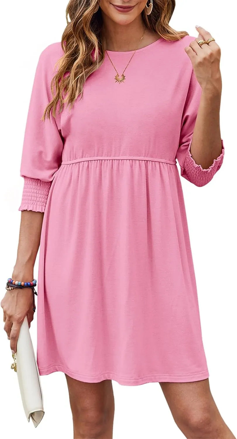 Bluetime Womens Summer Tunic Dress Crew Neck Casual 3/4 Sleeve Short Babydoll Loose Flowy Dresses