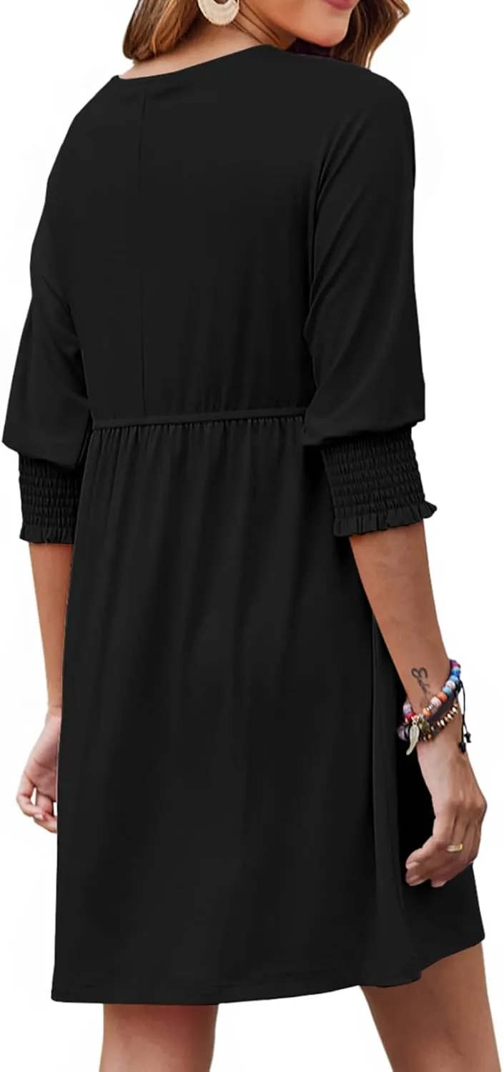 Bluetime Womens Summer Tunic Dress Crew Neck Casual 3/4 Sleeve Short Babydoll Loose Flowy Dresses