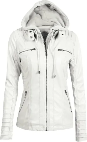 BOFETA Women Solid Color Long Sleeve Jackets Zipper Hooded Jacket Faux Leather Casual with Pockets Coat