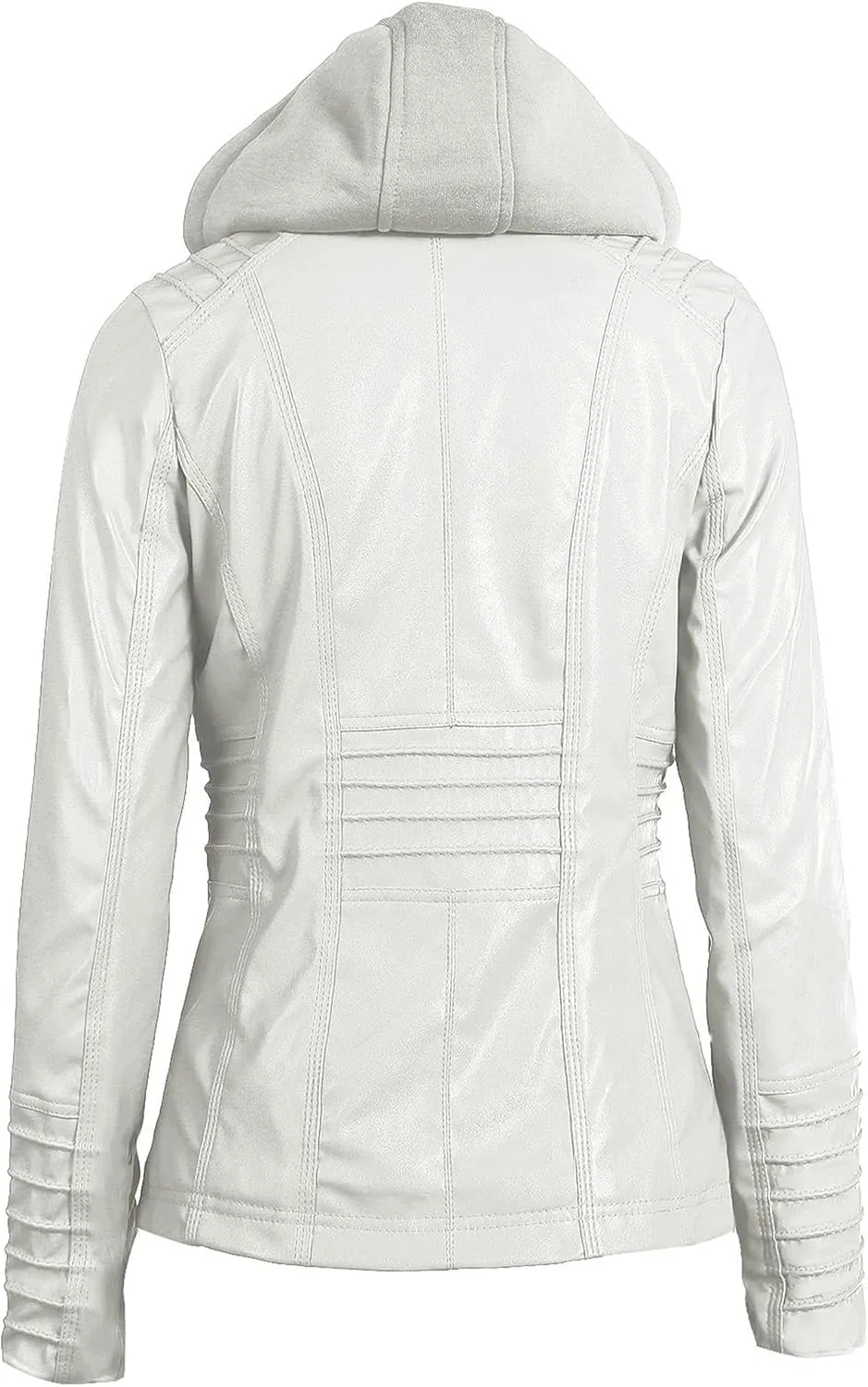 BOFETA Women Solid Color Long Sleeve Jackets Zipper Hooded Jacket Faux Leather Casual with Pockets Coat