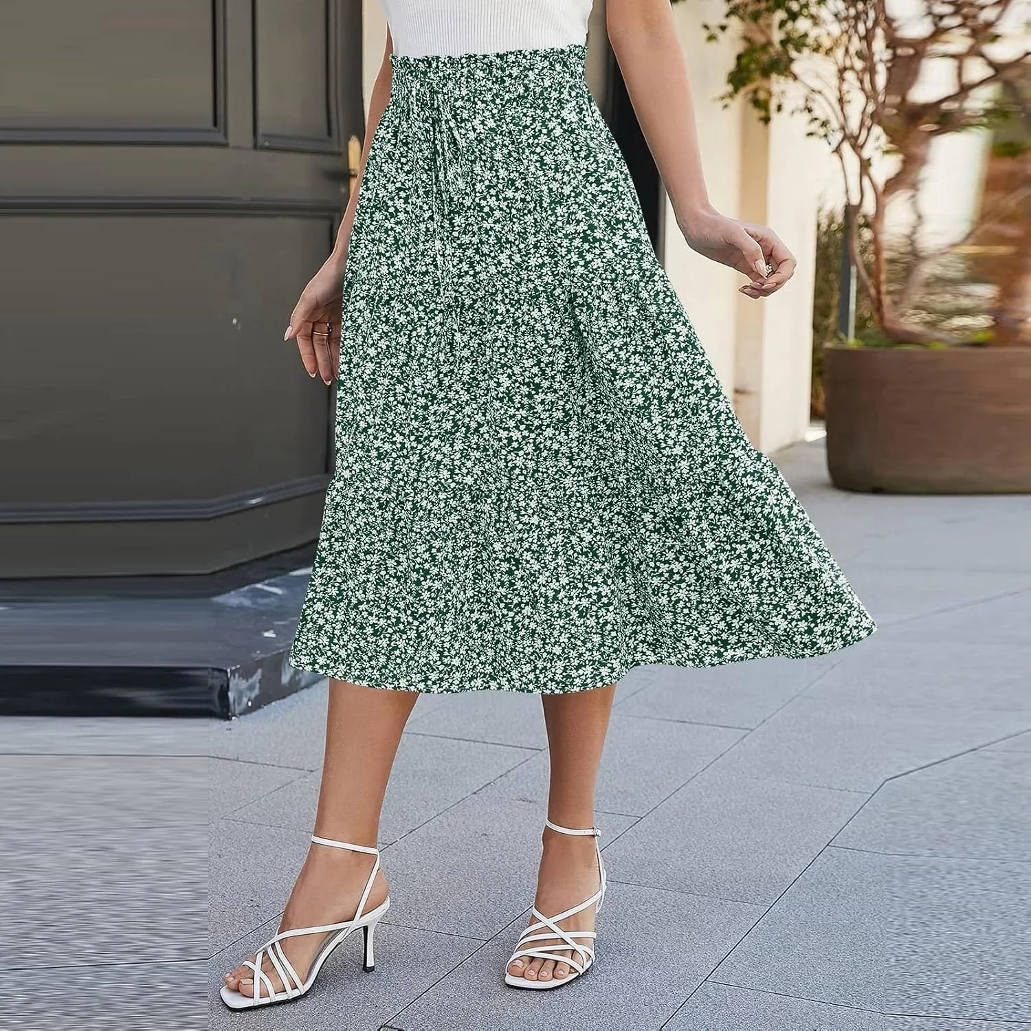 Boho Skirts for Women Drawstring Elastic High Waisted Summer Midi Skirt Work A Line Tiered Pleated Skirts Knee Length