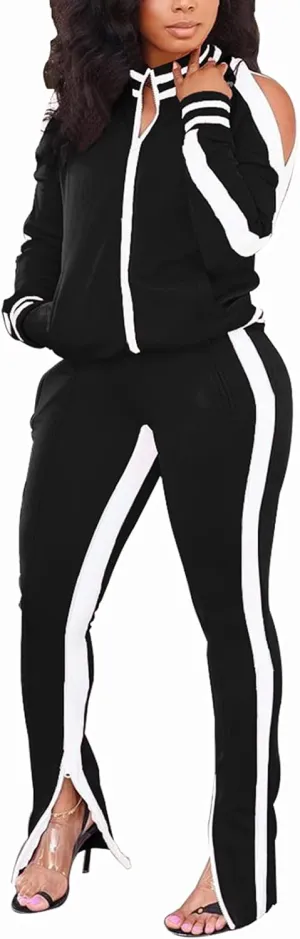 Bornpom Women 2 Piece Outfits Striped Patchwork Color Block Jackets Bodycon Side Slit Long Pants Tracksuit Sets