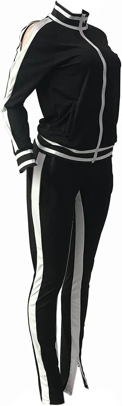Bornpom Women 2 Piece Outfits Striped Patchwork Color Block Jackets Bodycon Side Slit Long Pants Tracksuit Sets