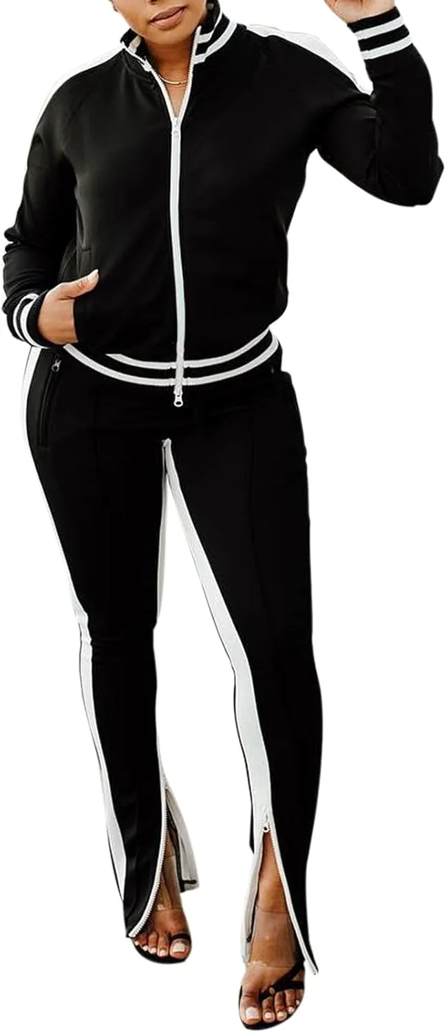 Bornpom Women 2 Piece Outfits Striped Patchwork Color Block Jackets Bodycon Side Slit Long Pants Tracksuit Sets