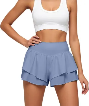 Butterfly Flowy Skirts for Women 2 in 1 High Waisted Workout Athletic Tennis Skort with Short Gym Ruffled Mini Skirt