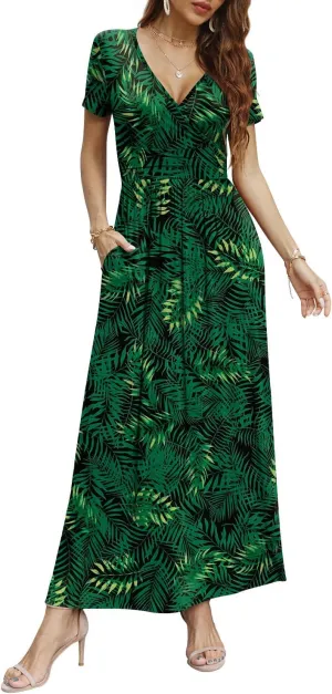 CATHY Women Short Sleeve Deep V-Neck Casual Long Dress Sexy Pleated Waist Maxi Dresses with Pockets