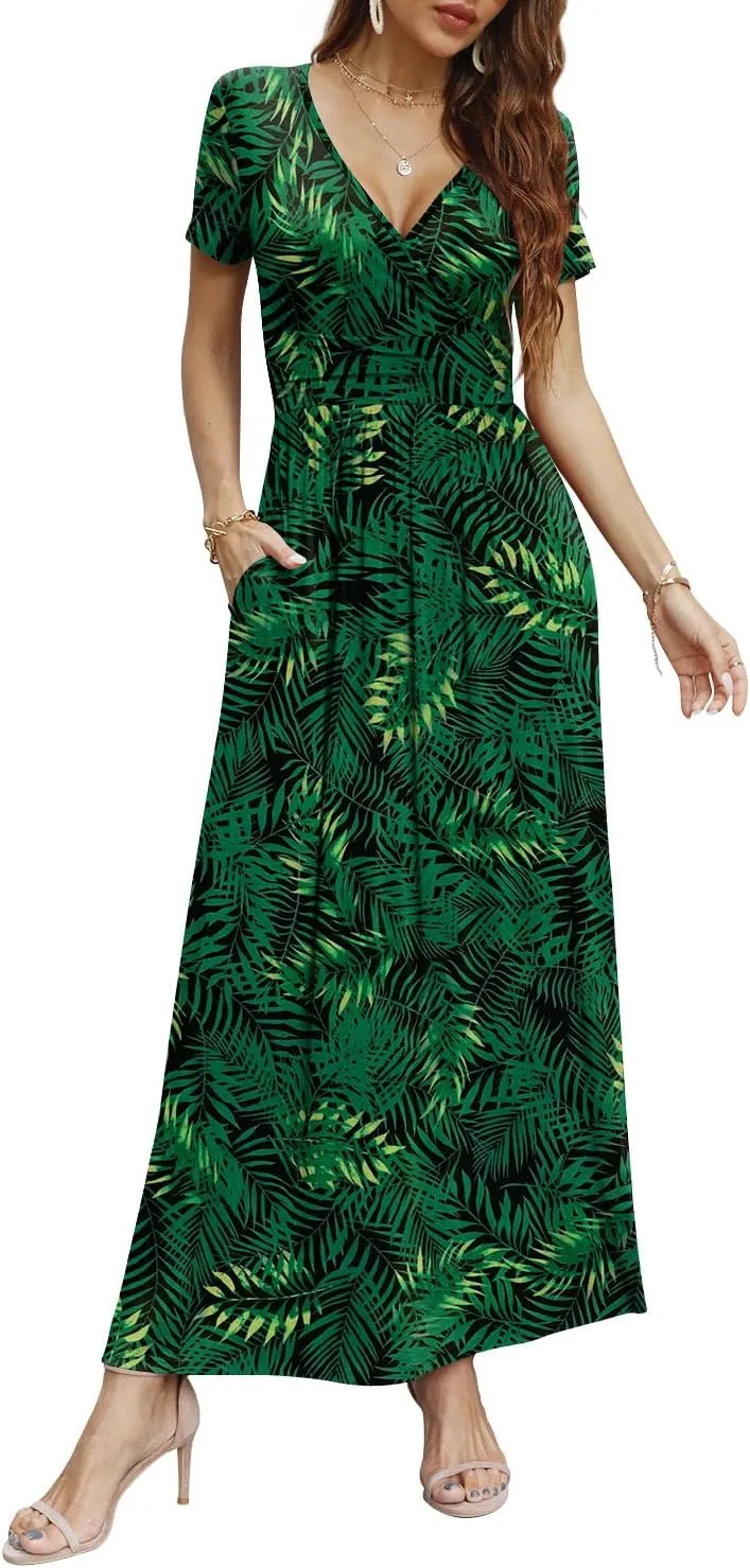 CATHY Women Short Sleeve Deep V-Neck Casual Long Dress Sexy Pleated Waist Maxi Dresses with Pockets