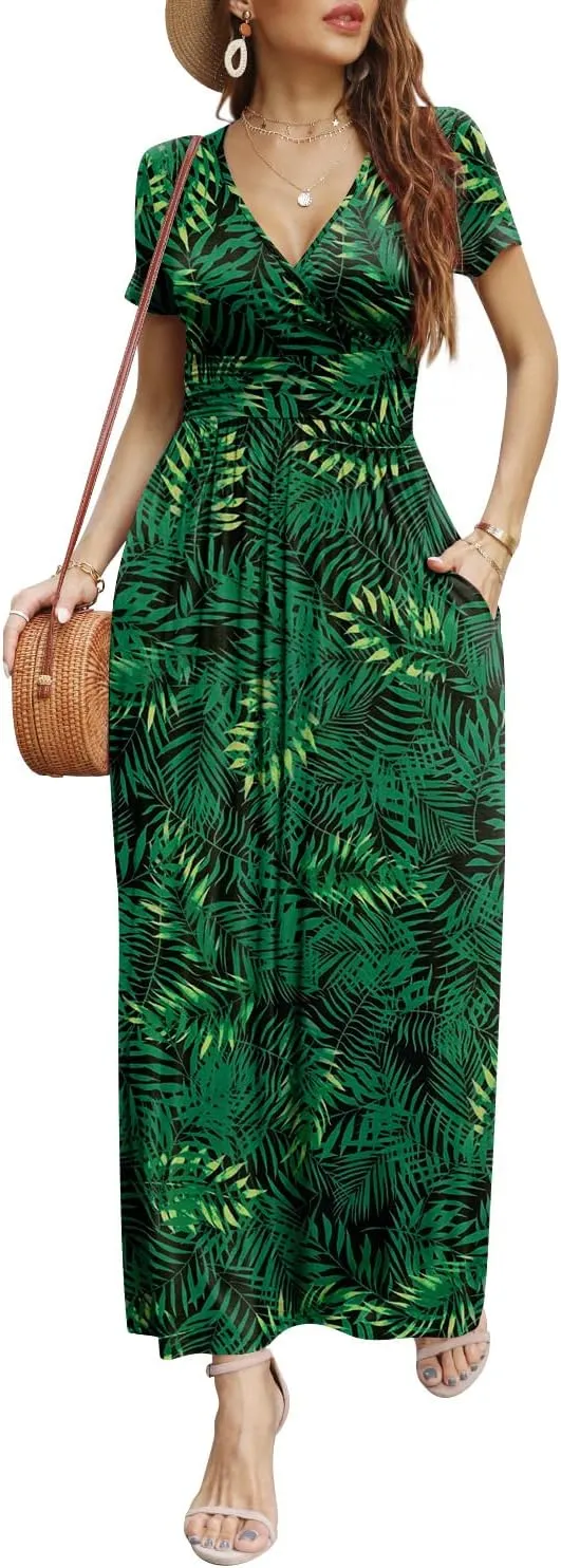 CATHY Women Short Sleeve Deep V-Neck Casual Long Dress Sexy Pleated Waist Maxi Dresses with Pockets