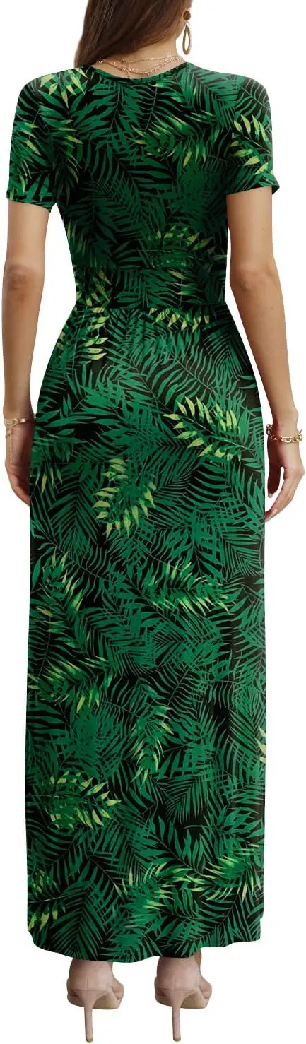 CATHY Women Short Sleeve Deep V-Neck Casual Long Dress Sexy Pleated Waist Maxi Dresses with Pockets