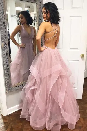 Chic Pink Long A-Line V-neck Ruffle Tulle Backless Prom Dresses