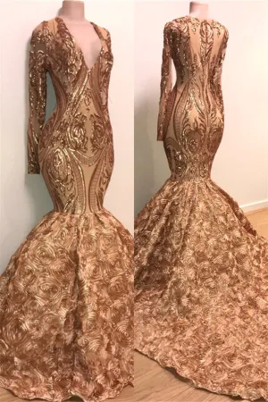 Chic V-neck Elegant Long Sleeves Gold Sparkle Appliques Prom Party Gowns