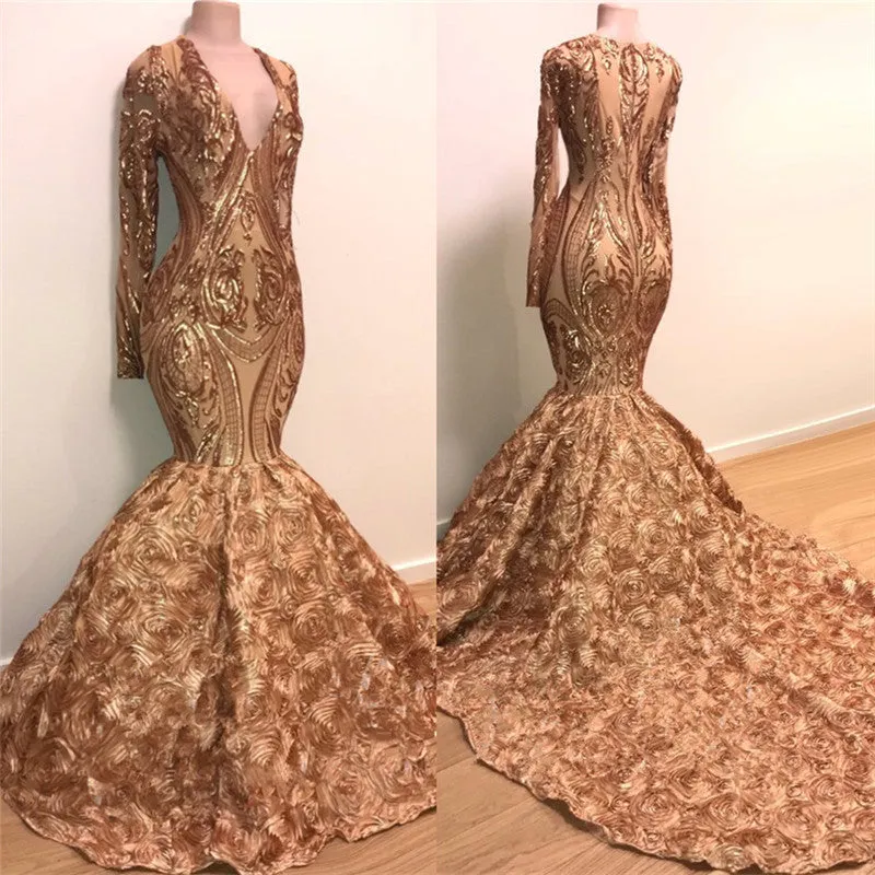 Chic V-neck Elegant Long Sleeves Gold Sparkle Appliques Prom Party Gowns