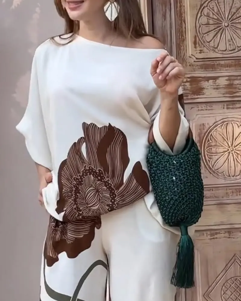 CHICME 2 Piece Outfits for Women Floral Print Batwing Sleeve Skew Neck Tops Wide Leg Pants Matching Lounge Sets