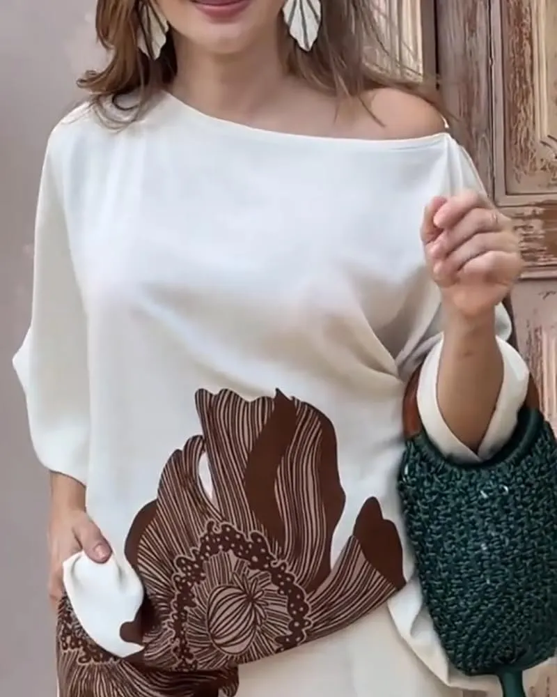 CHICME 2 Piece Outfits for Women Floral Print Batwing Sleeve Skew Neck Tops Wide Leg Pants Matching Lounge Sets
