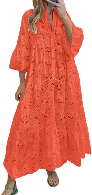 chouyatou Women's 2025 Lace Eyelet Embroidery Maxi Dress V-Neck Trumpet Sleeve Boho Flowy Swing Dress