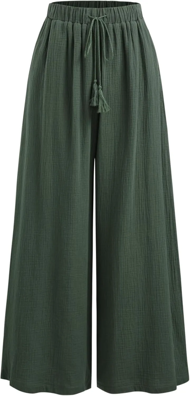 CIDER Women's High Waisted Wide Leg Pants with Pockets Drawstring Palazzo Business Casual Dress Pants Loose Trousers