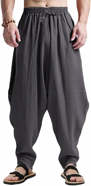 CLANMILUMS Men's Cotton Harem Pants Casual Loose Hippie Drop Crotch Trouser