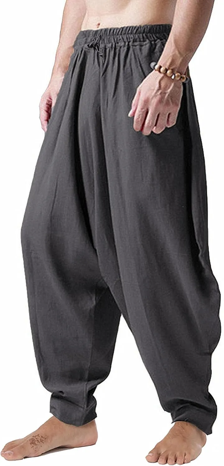 CLANMILUMS Men's Cotton Harem Pants Casual Loose Hippie Drop Crotch Trouser