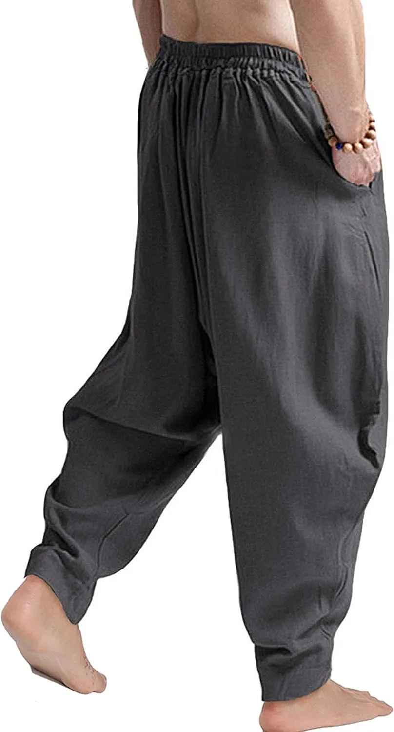 CLANMILUMS Men's Cotton Harem Pants Casual Loose Hippie Drop Crotch Trouser