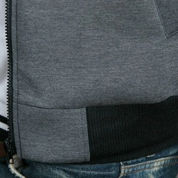 Classic Color Block PU Leather Spliced Rib Hem Stand Collar Long Sleeves Men's Slimming Jacket 1689